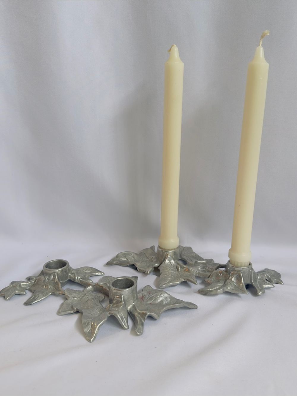 Set of 2 Wilton Holly Leaf Double Taper Silver Pewter Candle Stick Holders